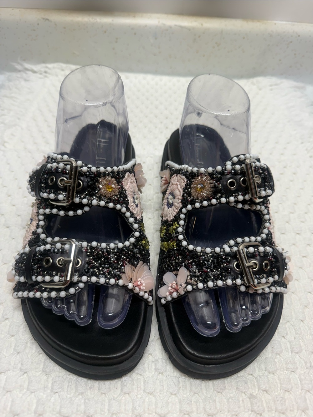 House of Harlow 1960 Black Beaded Floral Buckle Slide Sandals